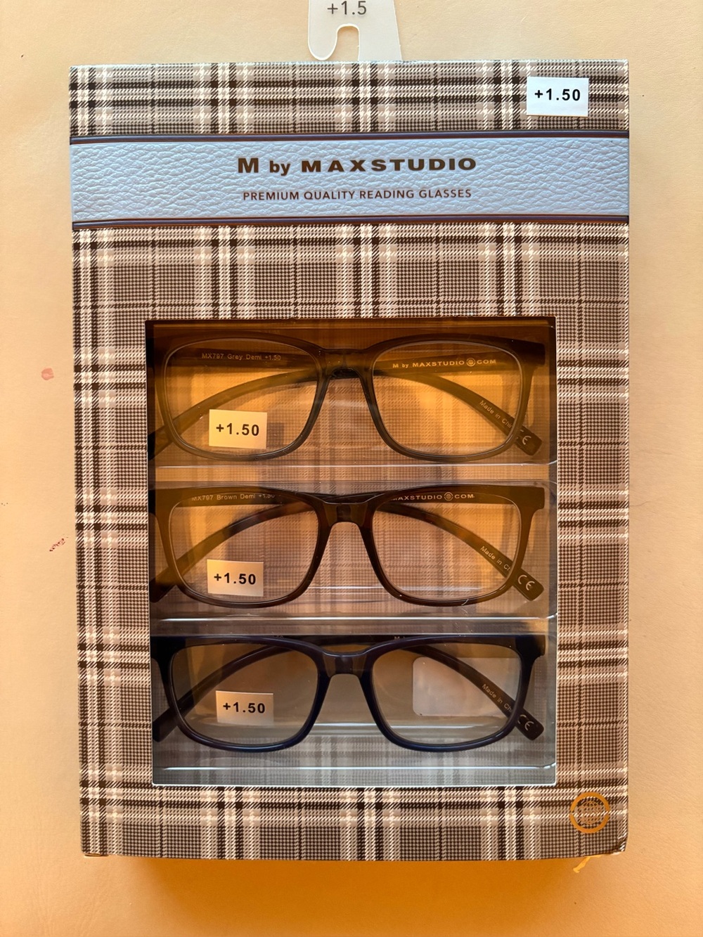 M by Maxstudio Square Reading Glasses - Blue, Tortoise, Gray (+1.50)